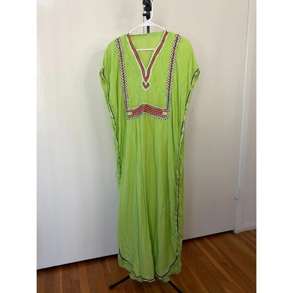 Vintage Lime Green Embroidered Kaftan Dress – Boho Maxi Caftan Size 15